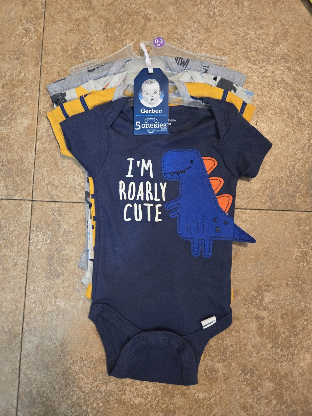 Gerber Navy Bodysuit with Blue and Orange Dinosaur Applique